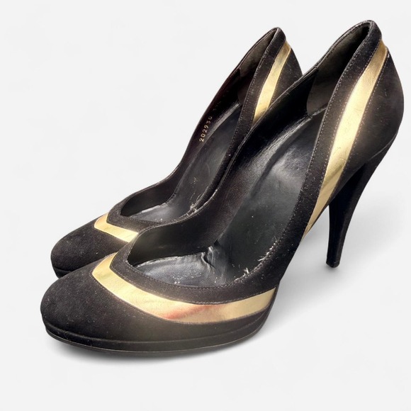 Gucci Shoes - Gucci Black Suede Gold Metallic Stripe Platform Pumps Heels 37.5 202930